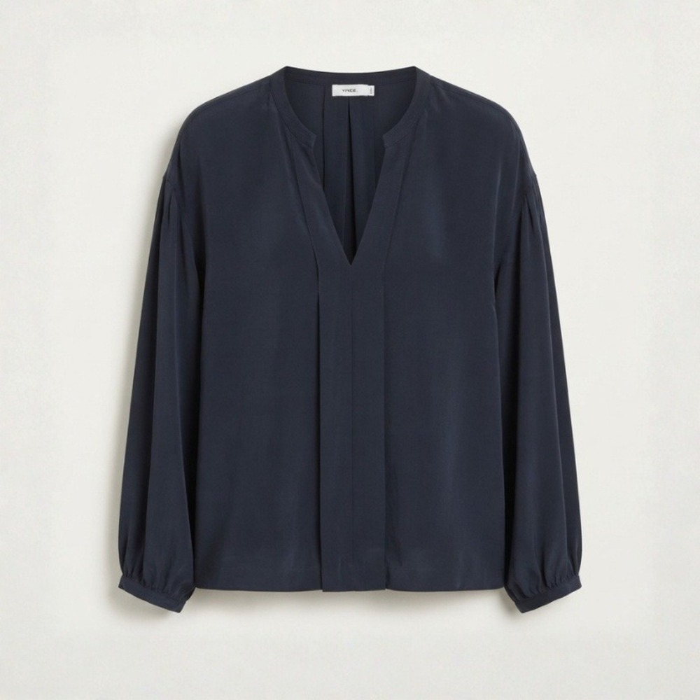 Vince Coastal Blue Matte Silk Split-Neck Inverted-Pleat Blouse Size Small